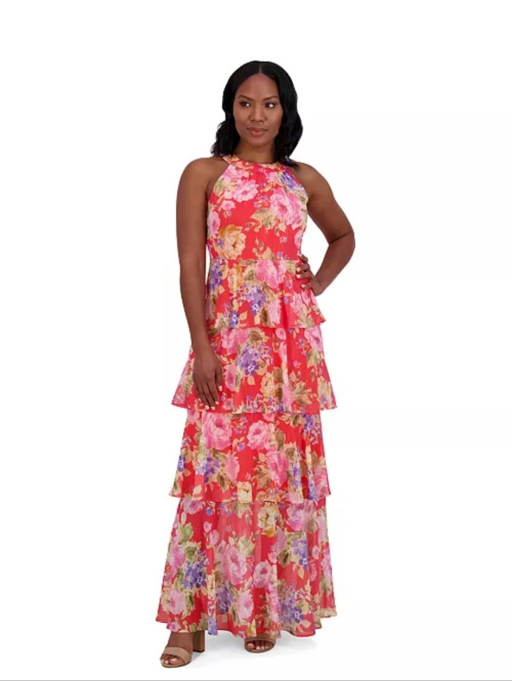 NWT Jessica Howard Floral Tiered Maxi Dress Siz 6 Pink Halter Wedding Guest $149